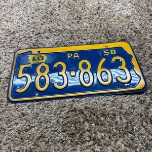 Vintage 1958 Pennsylvania License Plate Blue Yellow PA 58 with 59 Sticker